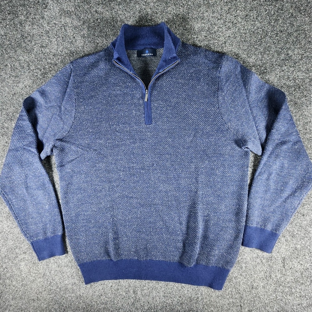 Toscano Italian Fine Merino Wool 1/4 Zip Sweater Blue Mock Neck Men's M Casual - Picture 2 of 8